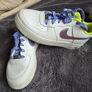 Nike Air Force White Sneakers with Iridescent Purple Swoosh & Blue Laces